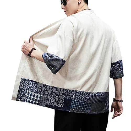 PRIJOUHE Mens Kimono Cardigan Cotton Linen Kimono Jacket 3/4 Sleeve | Casual Japanese Haori thumbnail 7
