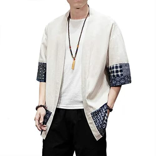 PRIJOUHE Mens Kimono Cardigan Cotton Linen Kimono Jacket 3/4 Sleeve | Casual Japanese Haori thumbnail 3