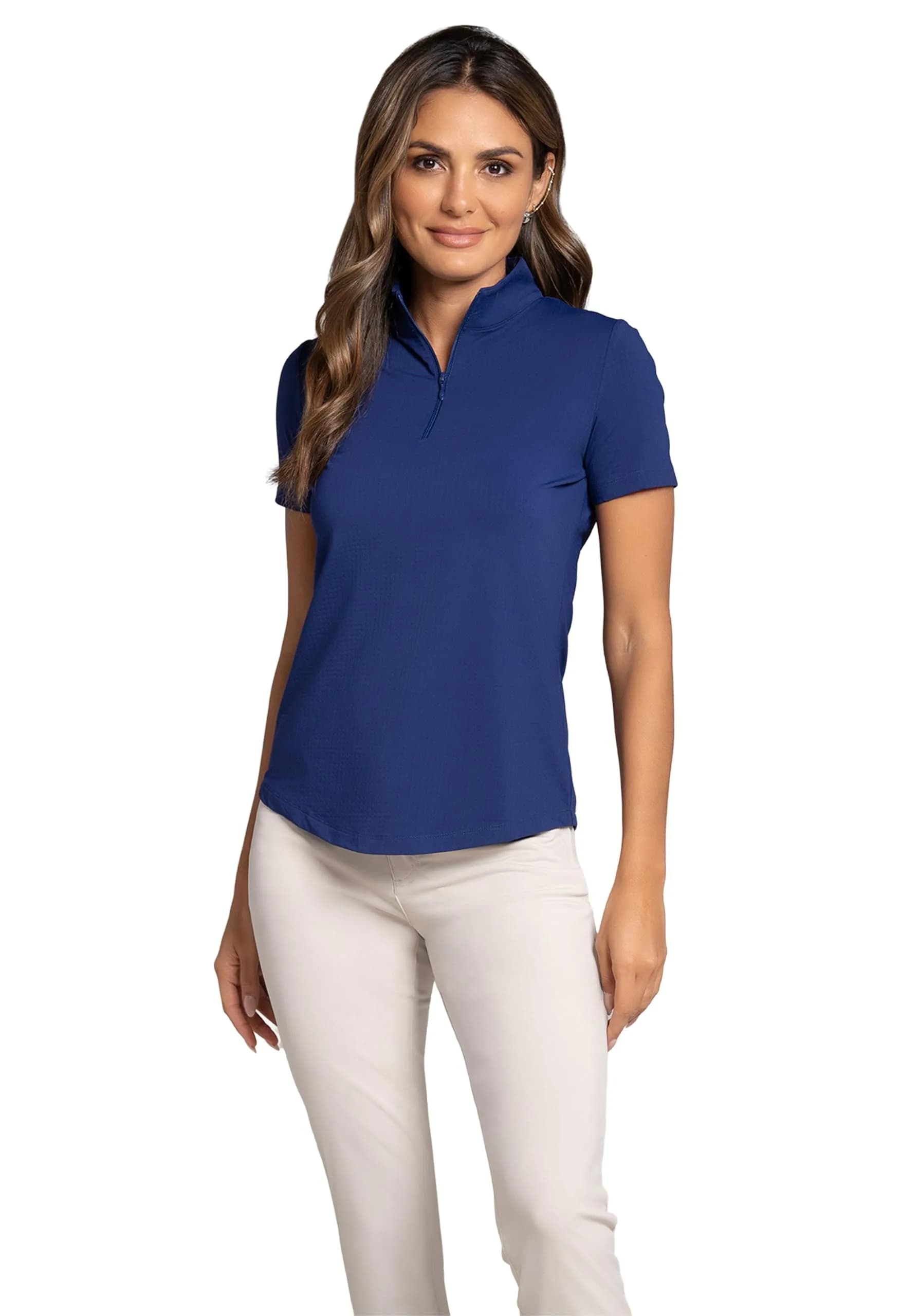 IBKUL Athleisure Wear Sun Protective UPF 50+ Icefil Cooling Short Sleeve Mock Neck Watermelon — Navy