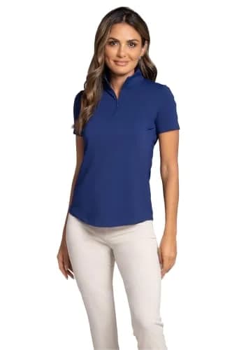 IBKUL Athleisure Wear Sun Protective UPF 50+ Icefil Cooling Short Sleeve Mock Neck Navy thumbnail 1