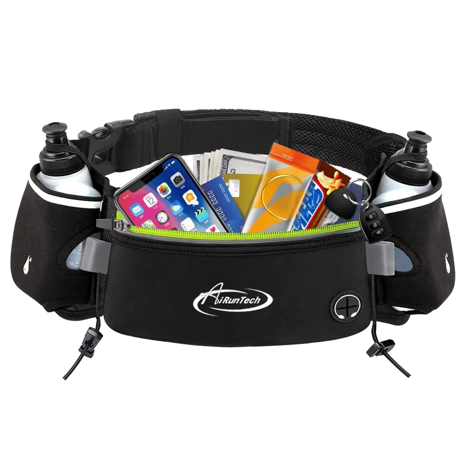 AiRunTech Hydration Running Belt with 2x 175ml Bottles, Phone Holder Fanny Pack for Marathon & Triathlon Gear | 46-130cm Waist