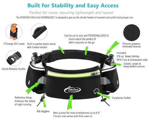 AiRunTech Hydration Running Belt with 2x 175ml Bottles, Phone Holder Fanny Pack for Marathon & Triathlon Gear | 46-130cm Waist thumbnail 4