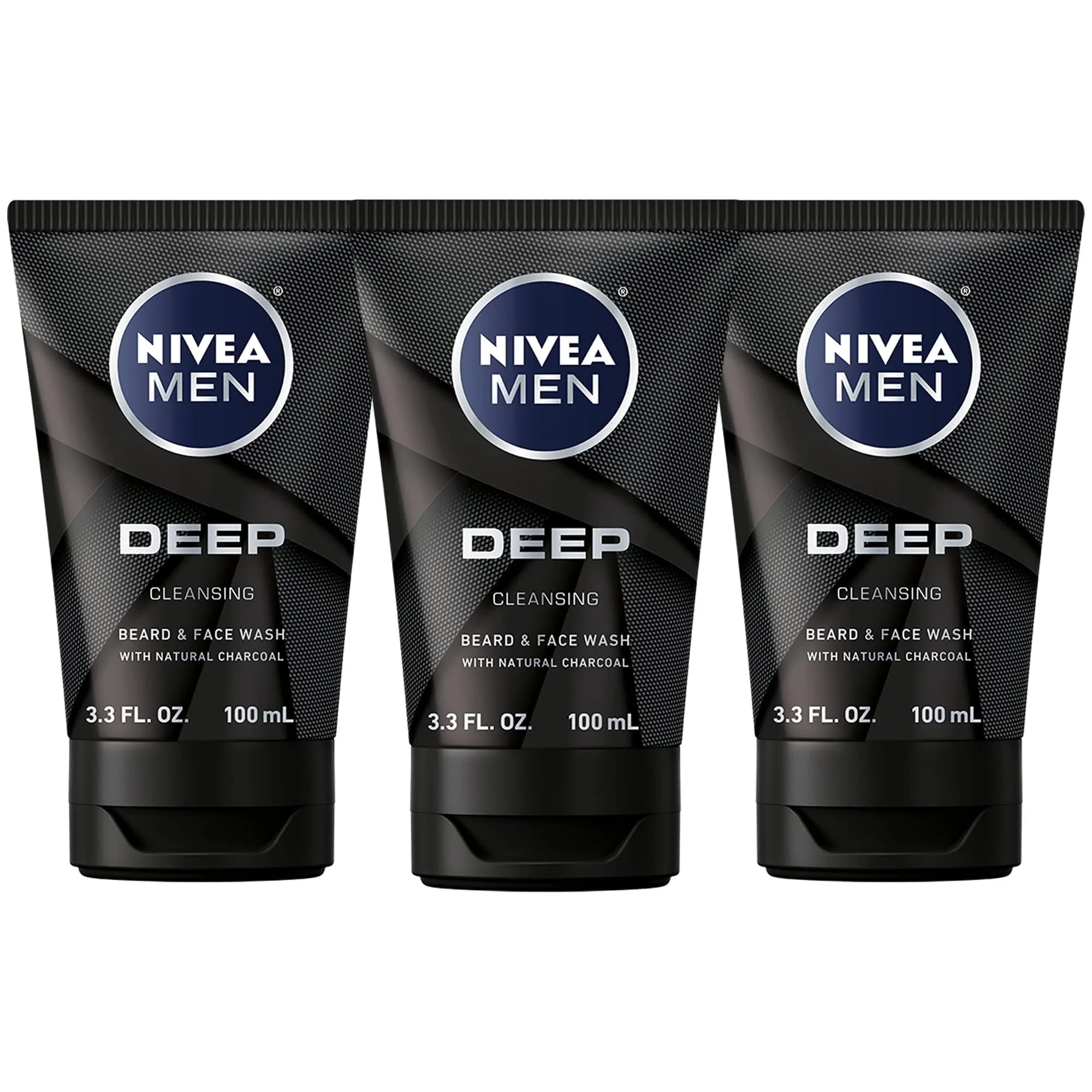 NIVEA MEN DEEP Cleansing Beard and Face Wash 295ml (3 x 3.3 Fl Oz) | Natural Charcoal for Deep Clean - main product image