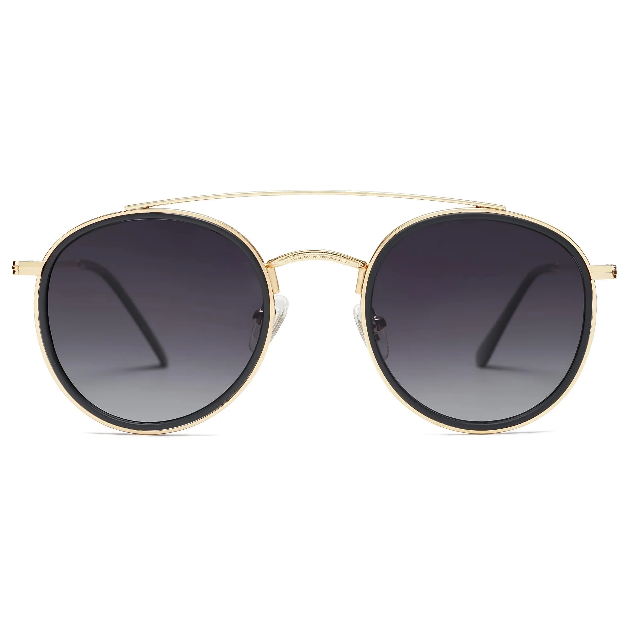 SOJOS Retro Vintage Round Polarized Sunglasses for Women Men Small Double Bridge Circle Sunnies Gold/Grey | UV400 Polarized — Gold/Grey