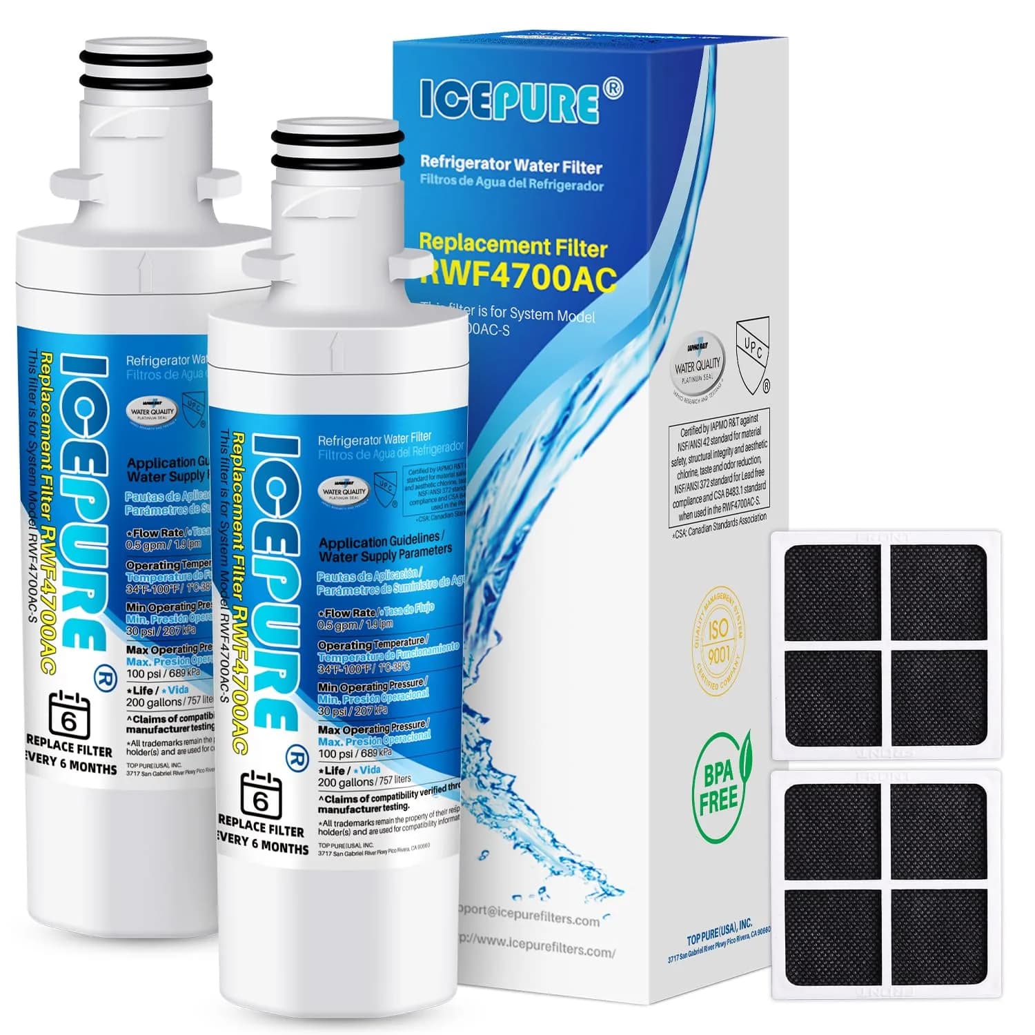 ICEPURE LT1000P Refrigerator Water Filter & LT120F Air Filter Combo | 200 Gallons (6 Months) Filtration — White