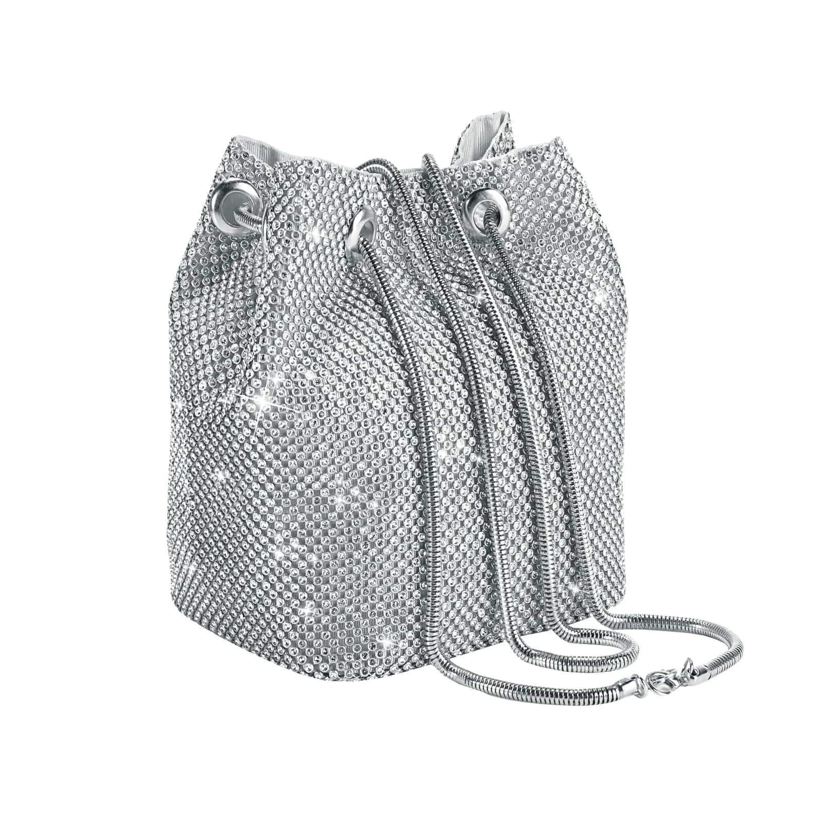 JIAN YA NA Full Rhinestones Bucket Bag for Women 15x11x16cm | Evening Bag with Long Chain for Wedding & Party