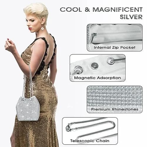 JIAN YA NA Full Rhinestones Bucket Bag for Women 15x11x16cm | Evening Bag with Long Chain for Wedding & Party thumbnail 4