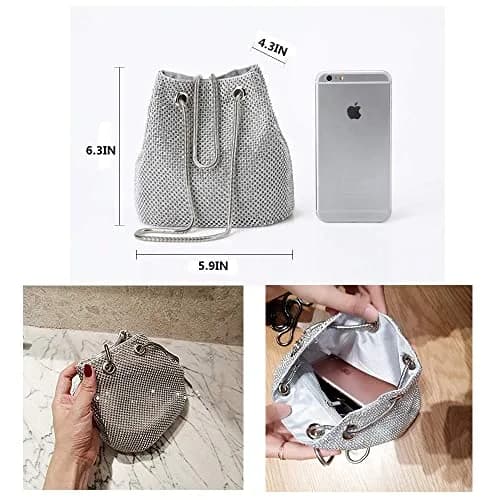 JIAN YA NA Full Rhinestones Bucket Bag for Women 15x11x16cm | Evening Bag with Long Chain for Wedding & Party thumbnail 9