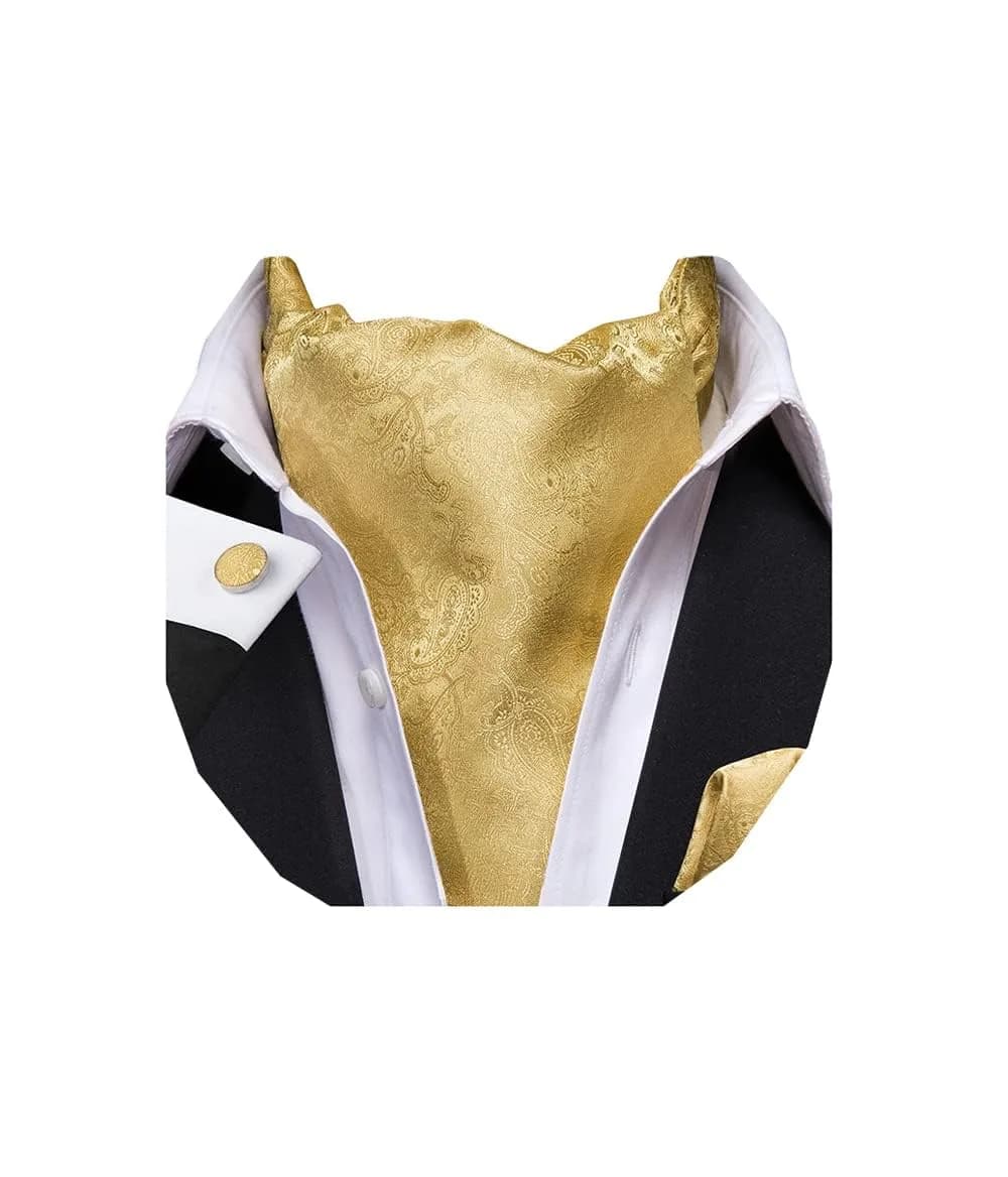 Dubulle Gold Paisley Floral Ascot Set for Men | Silk Blend Cravat, Pocket Square & Cufflinks — B Gold