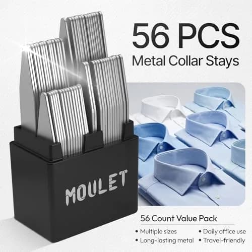 Moulet Metal Collar Stays for Men's Dress Shirts – 56 Premium Stainless Steel Inserts in 4 Sizes thumbnail 6
