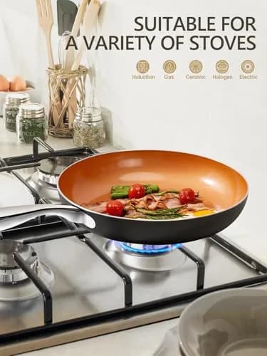 MICHELANGELO 10 Inch Copper Nonstick Frying Pan with Lid | Scratch-Resistant Ceramic Coating, Oven & Dishwasher Safe thumbnail 5