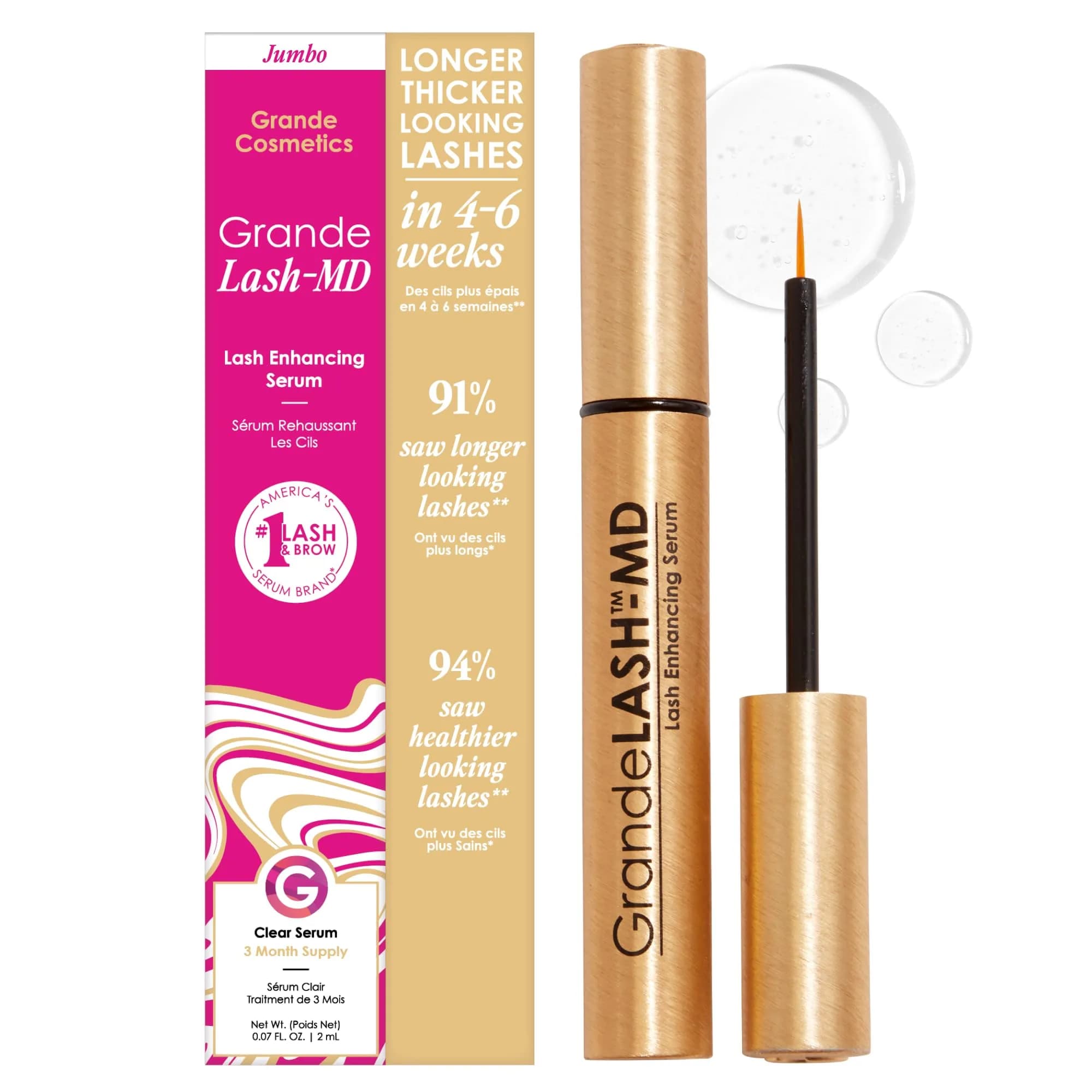 Grande Cosmetics GrandeLASH-MD Lash Enhancing Serum 4ml (0.135 Fl Oz) | Ophthalmologist Approved for Thicker, Longer Lashes