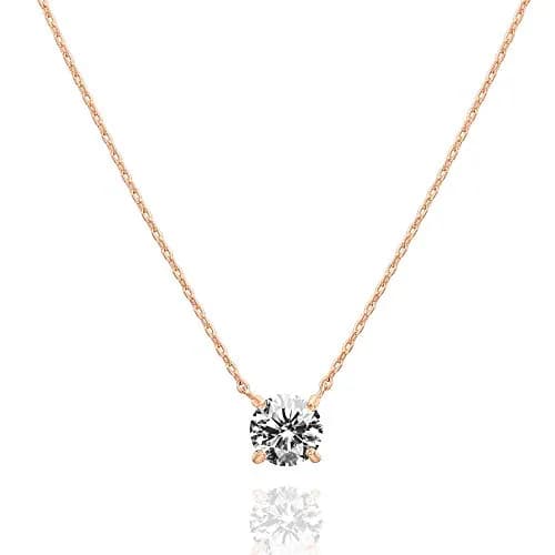 PAVOI CZ Dainty Solitaire Choker Necklace, 14K Gold Plated, Rose Gold, R | Elegant 18in Pendant for Women thumbnail 1