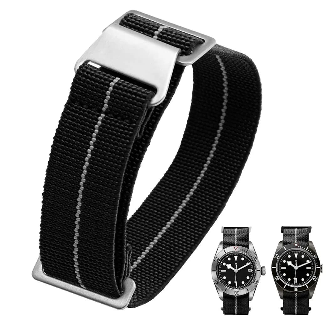 NIBD Watch Band 20mm Black with White | Elastic Nylon Military Style Strap