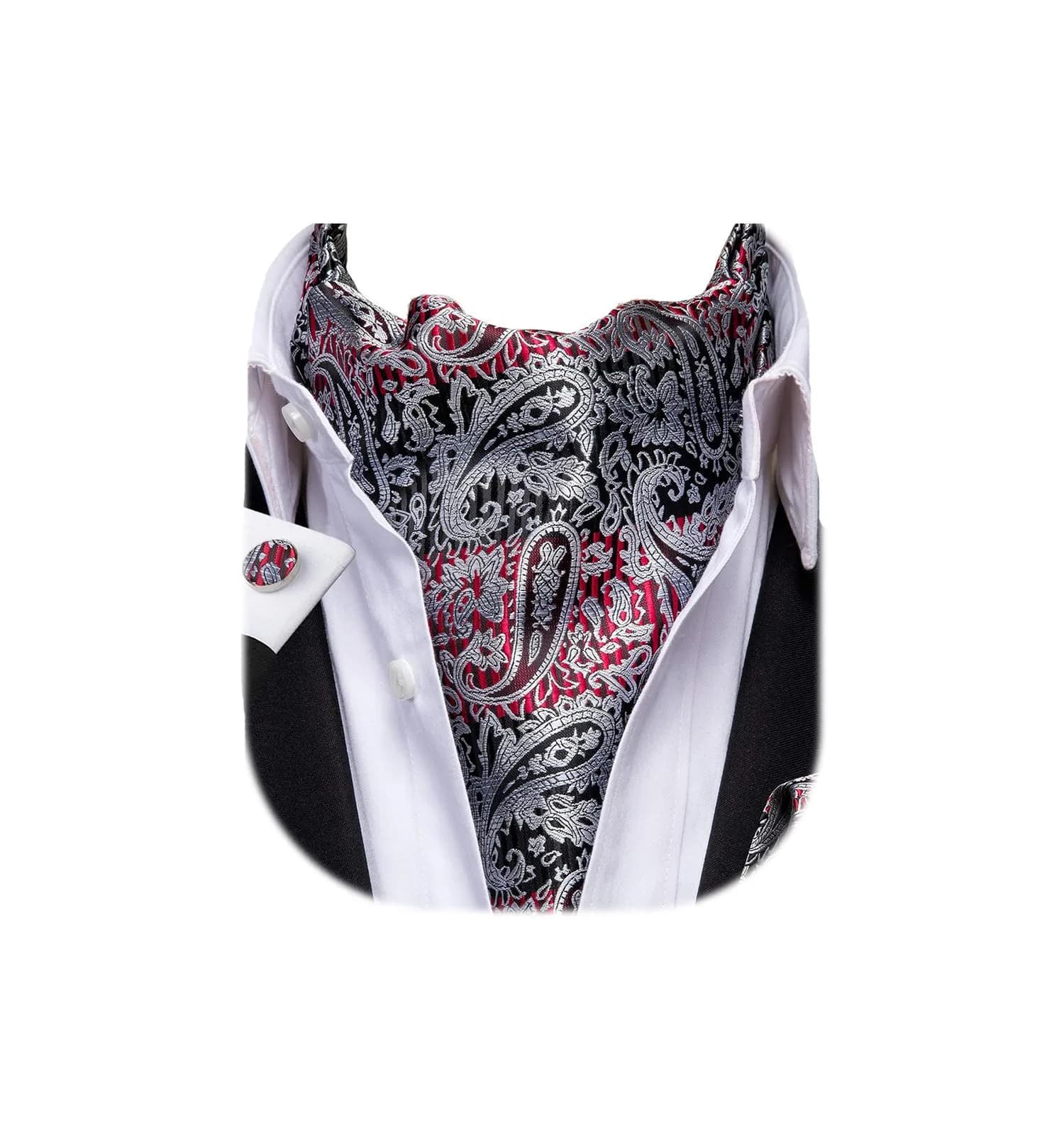 Dubulle Black Grey Red Paisley Ascot Tie Set with Pocket Square & Cufflinks | Men's Formal Business Wedding Accessory - main product image