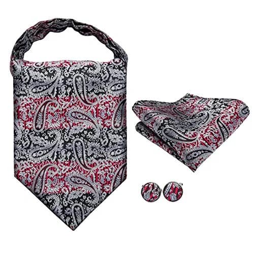Dubulle Black Grey Red Paisley Ascot Tie Set with Pocket Square & Cufflinks | Men's Formal Business Wedding Accessory thumbnail 4
