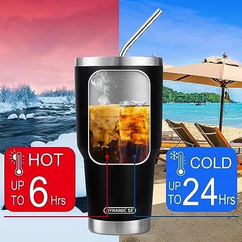 D·S Black 887ml (30 oz) Insulated Tumbler with Straw & Lid | Keeps Drinks Cold 24 Hrs thumbnail 4