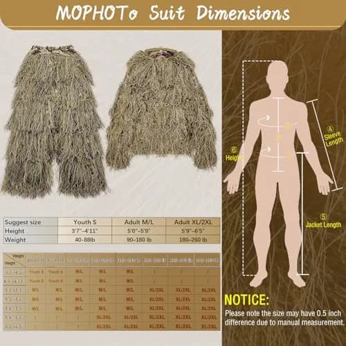 MOPHOTO 5 in 1 Ghillie Suit 3D Camouflage Hunting Suit - Jacket, Pants, Hood, Carry Bag, Adult & Youth, M/L/XL/XXL thumbnail 5