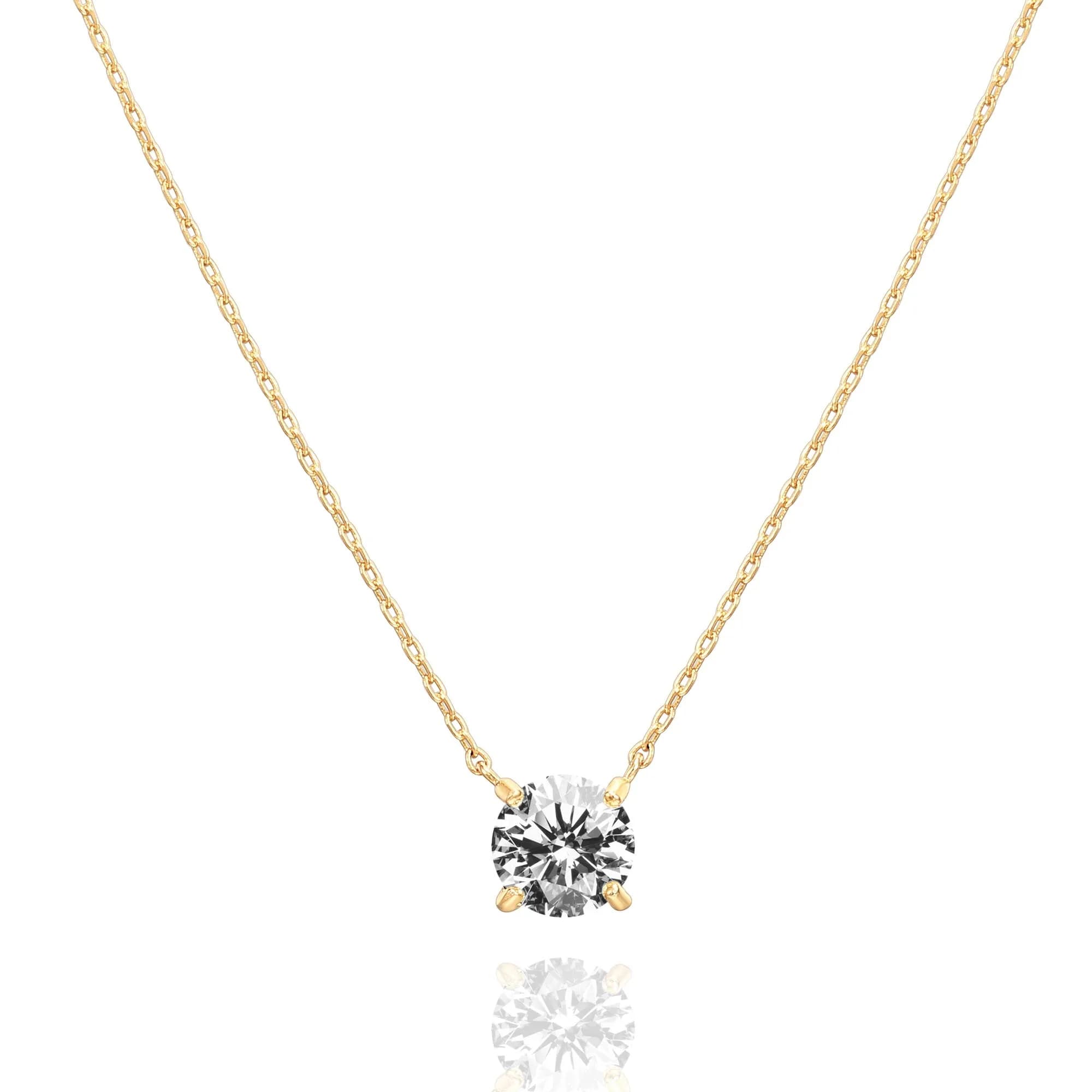 PAVOI Gold Necklace Dainty Solitaire Pendant 18 Inches | Cubic Zirconia, 14K Gold Plated, Yellow Gold