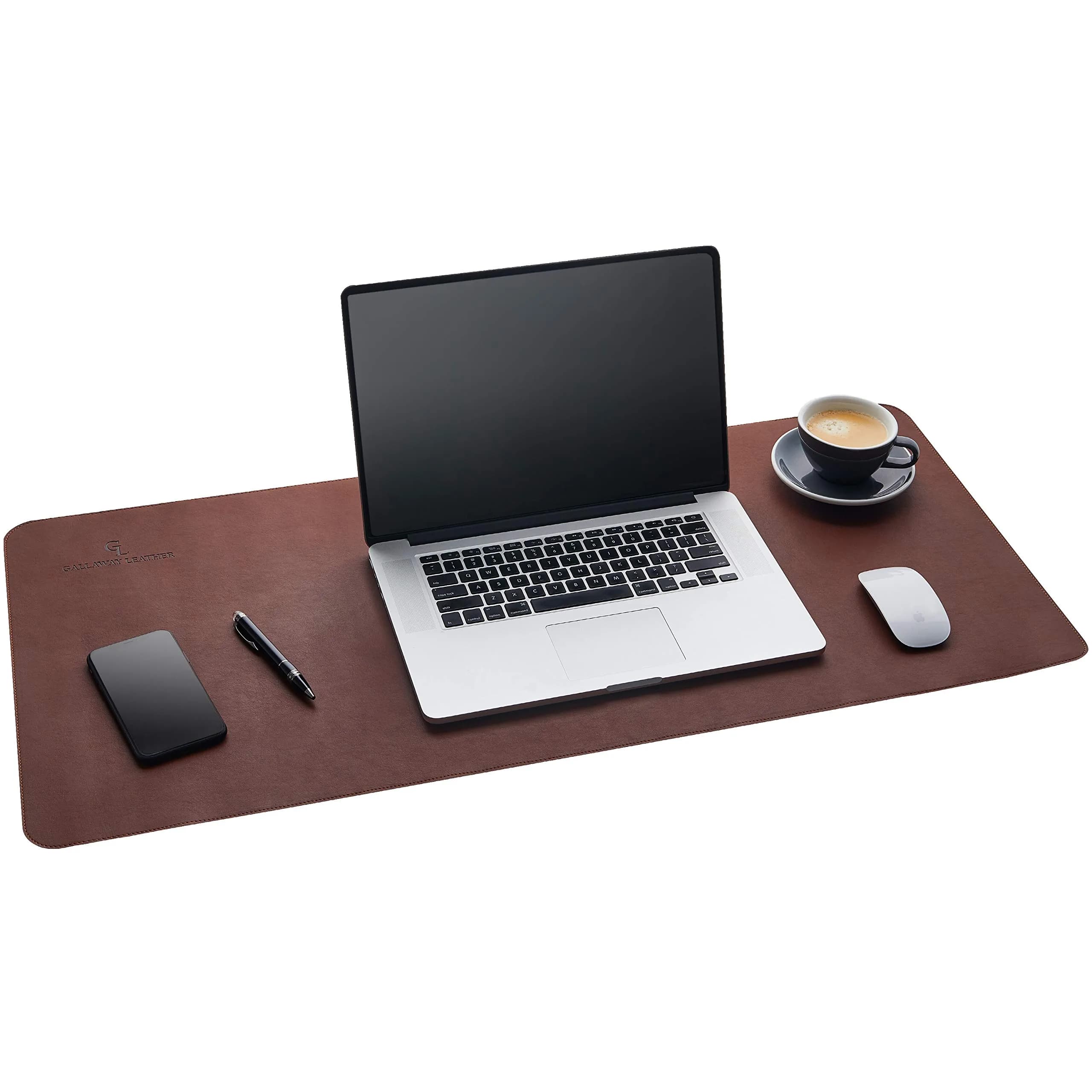 GALLAWAY LEATHER Large Desk Mat 36" x 17" Dark Brown | Elegant PU Leather Office Cover - main product image