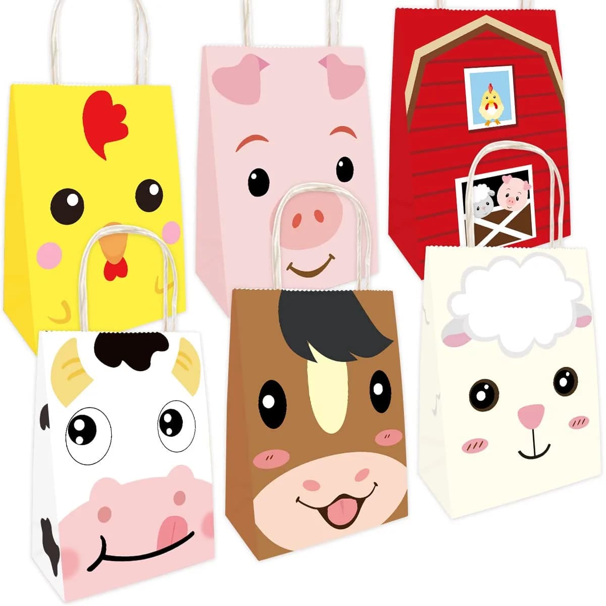 Fancy Land Farm Animal Party Favor Bags Barnyard Goodies Bag with Handles | Reusable, Bright Double-Sided Printed, 18 Pack - main product image