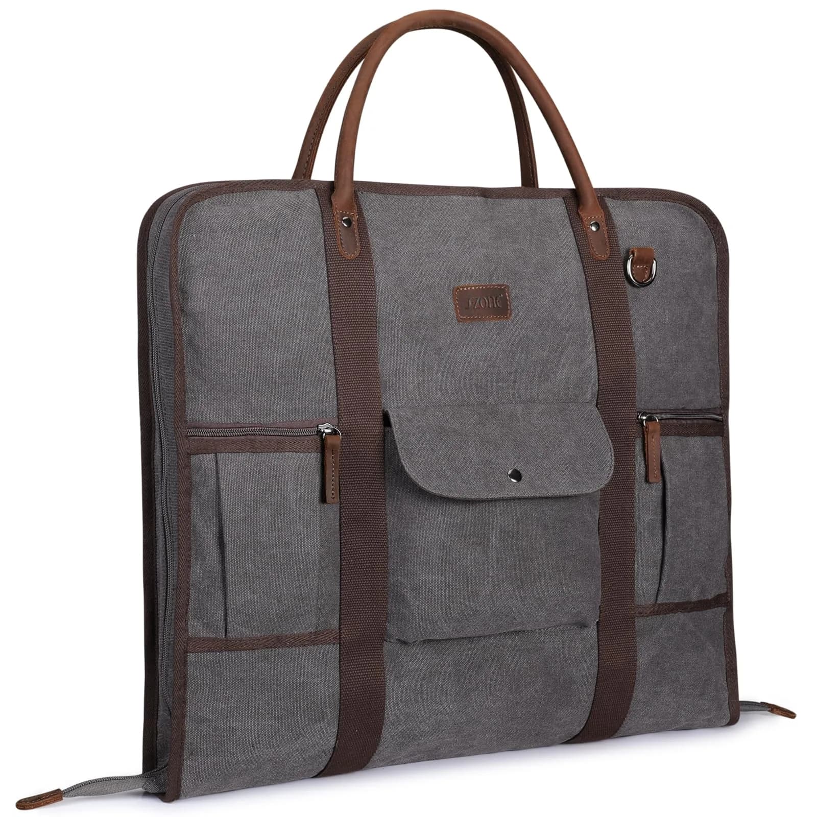 S-ZONE Garment Bag for Travel - Large Canvas Leather Suit Cover with Shoulder Strap | Modern Black Stripe — Grey