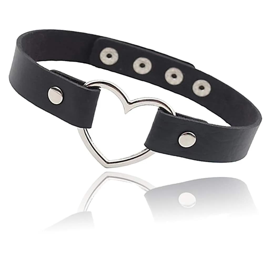 ETHOON Love Heart PU Leather Choker Necklace Collar Chain Black | Adjustable Snap Closure