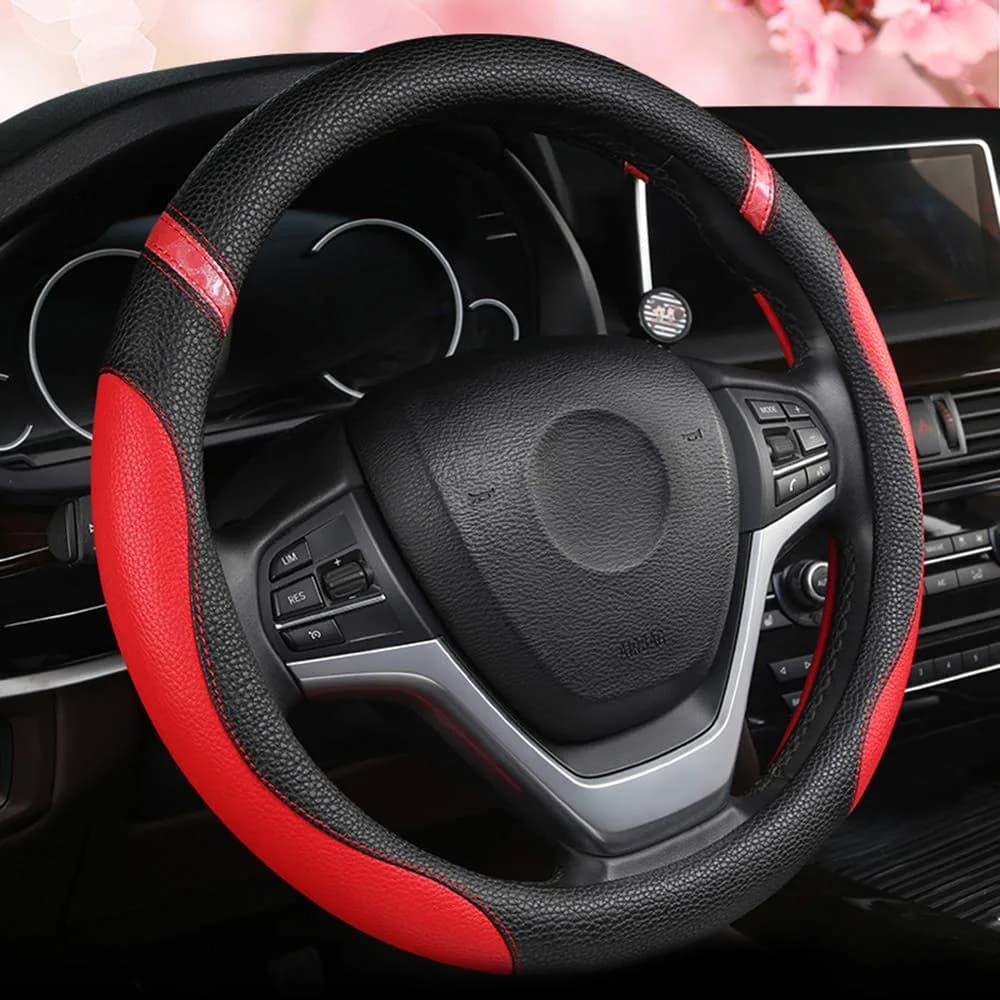 Cxtiy Red Leather Steering Wheel Cover for Cars 38cm (15 inch) | Universal Fit for Enhanced Grip