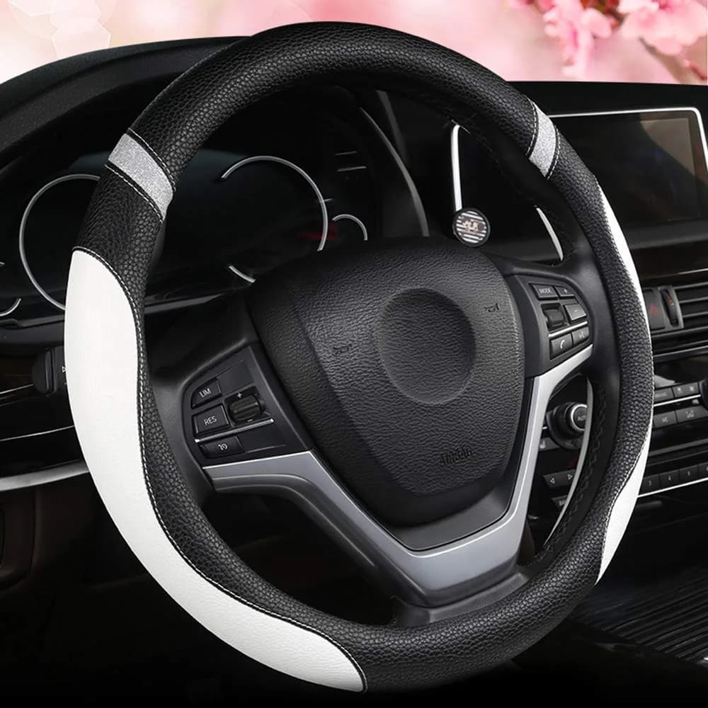 Cxtiy White Leather Steering Wheel Cover for Cars 38cm (15 Inch) | Universal Fit for Women