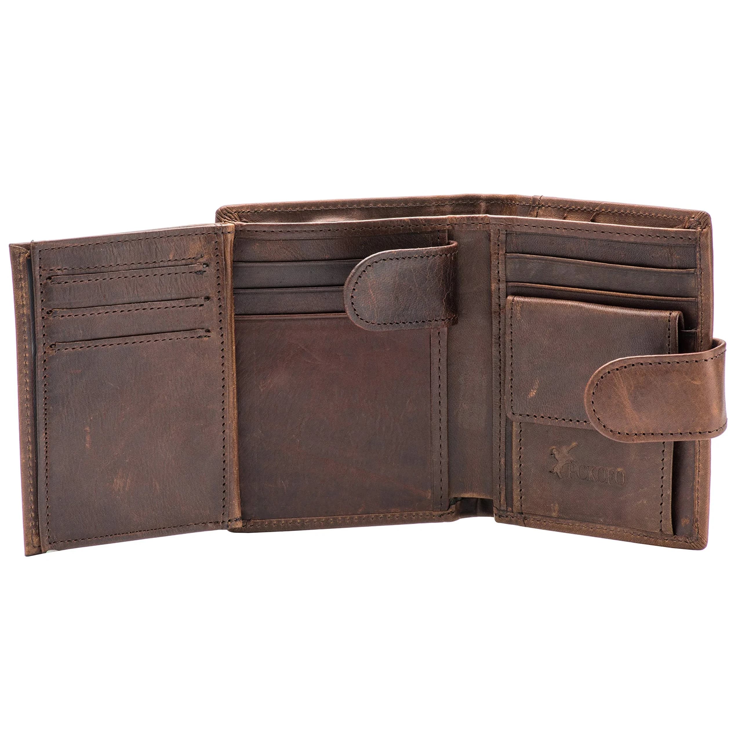 POKOFO Large RFID Genuine Leather Trifold Wallet for Men (Chocolate) 12.7cm (5") | Classic Design, 14 Card Slots — Coffee Regular Size