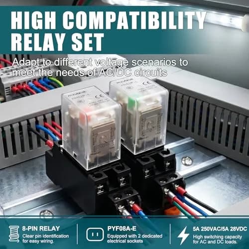 mxuteuk HH52P DPDT Electromagnetic Power Relay AC 24V Coil, 5A, 8-Pin, 2-Pack with DIN Rail Mount | Industrial Automation Control thumbnail 3