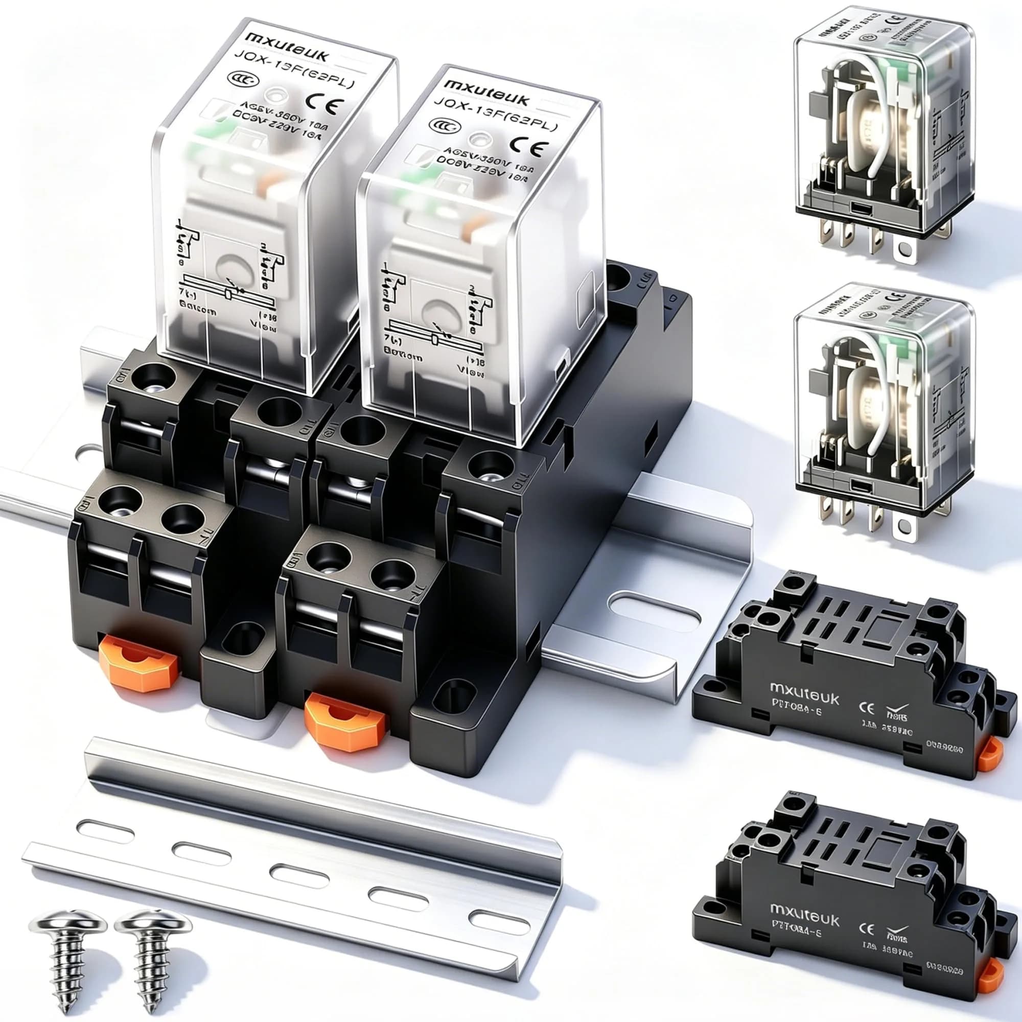 mxuteuk DPDT Electromagnetic Power Relay JQX-13FL DC 12V Coil 8 Pin 10A with Base and DIN Rail Mount (2-Pack, Black) - main product image