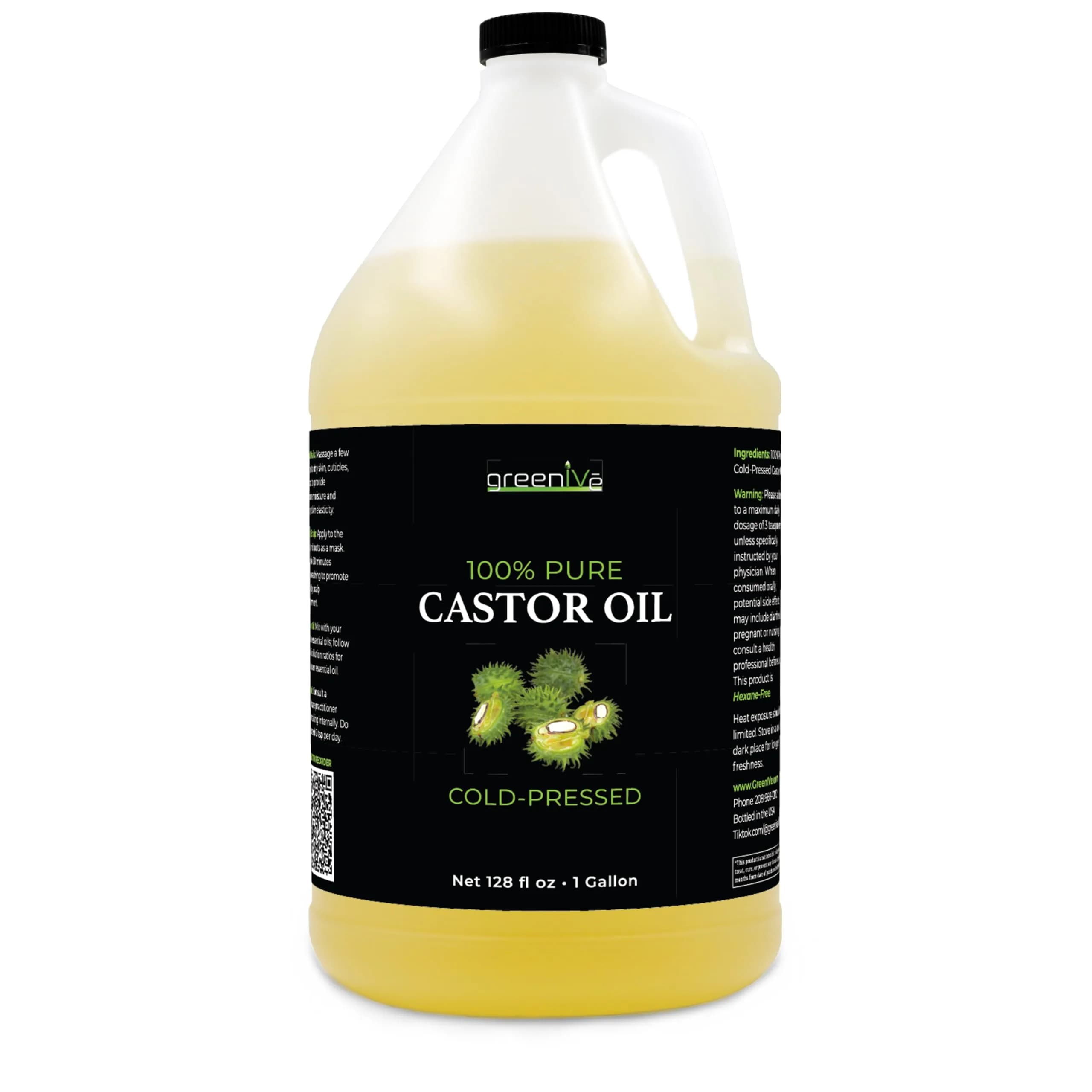 GreenIVe 100% Pure Castor Oil – Cold-Pressed, Hexane-Free – Hair, Eyebrows, Eyelashes, Skin Moisturizer, Castor Pack Wrap Oil Bulk Bottle (1 Gallon) thumbnail 1