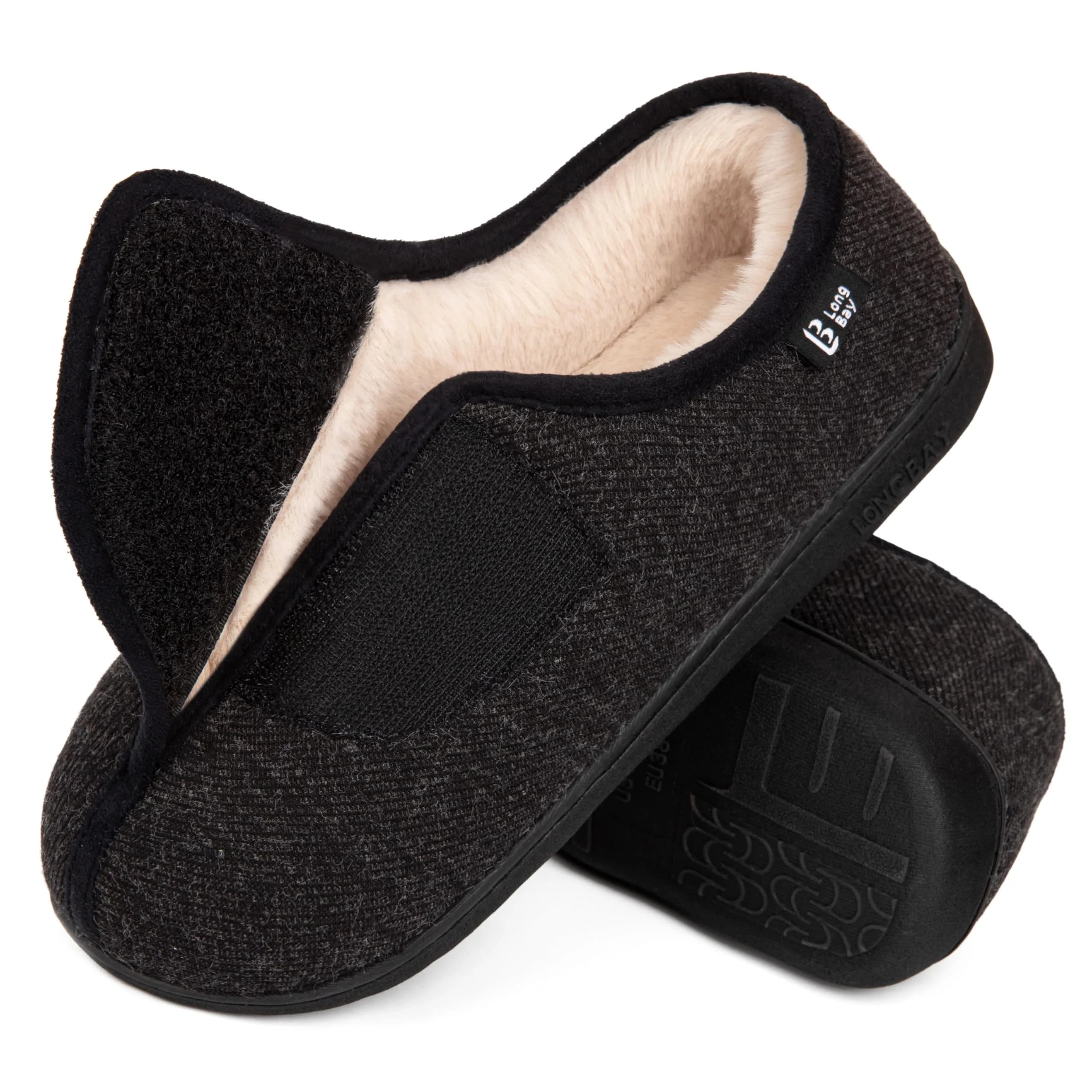 LongBay Women's Adjustable Memory Foam Slippers Black | Wide Fit, Orthopedic Support - main product image