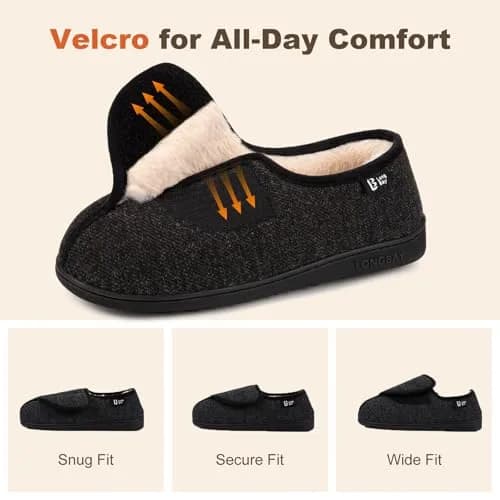 LongBay Women's Adjustable Memory Foam Slippers Black | Wide Fit, Orthopedic Support thumbnail 3