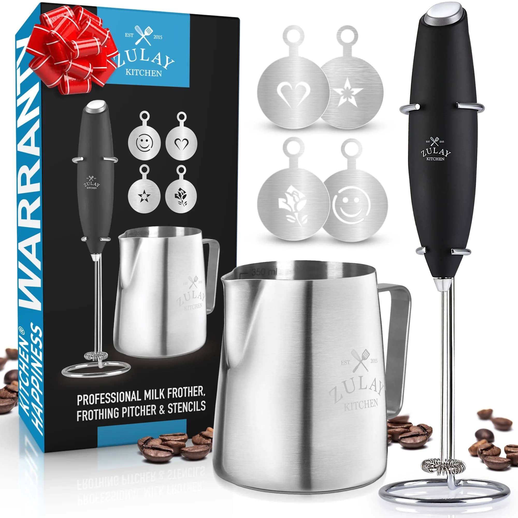 Zulay Kitchen Milk Frother Set – Handheld Coffee Frother with Stand, 350ml, 13,000 RPM, Stainless Steel, Barista Kit