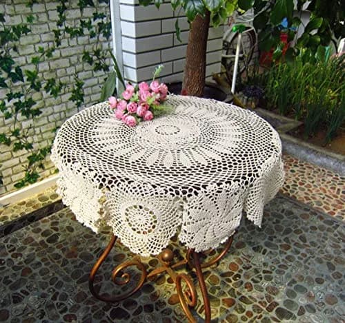 Hetao Handmade Crochet Round Tablecloth Doilies Lace Table Covers Beige 35 Inch | Elegant Lace Design for Home & Weddings thumbnail 2