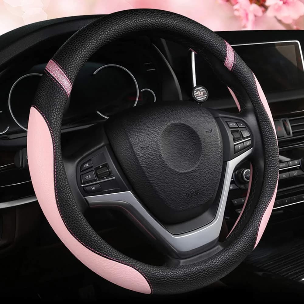 Cxtiy Pink Leather Steering Wheel Cover for Cars 38cm (15 inch) | Universal Fit for Women
