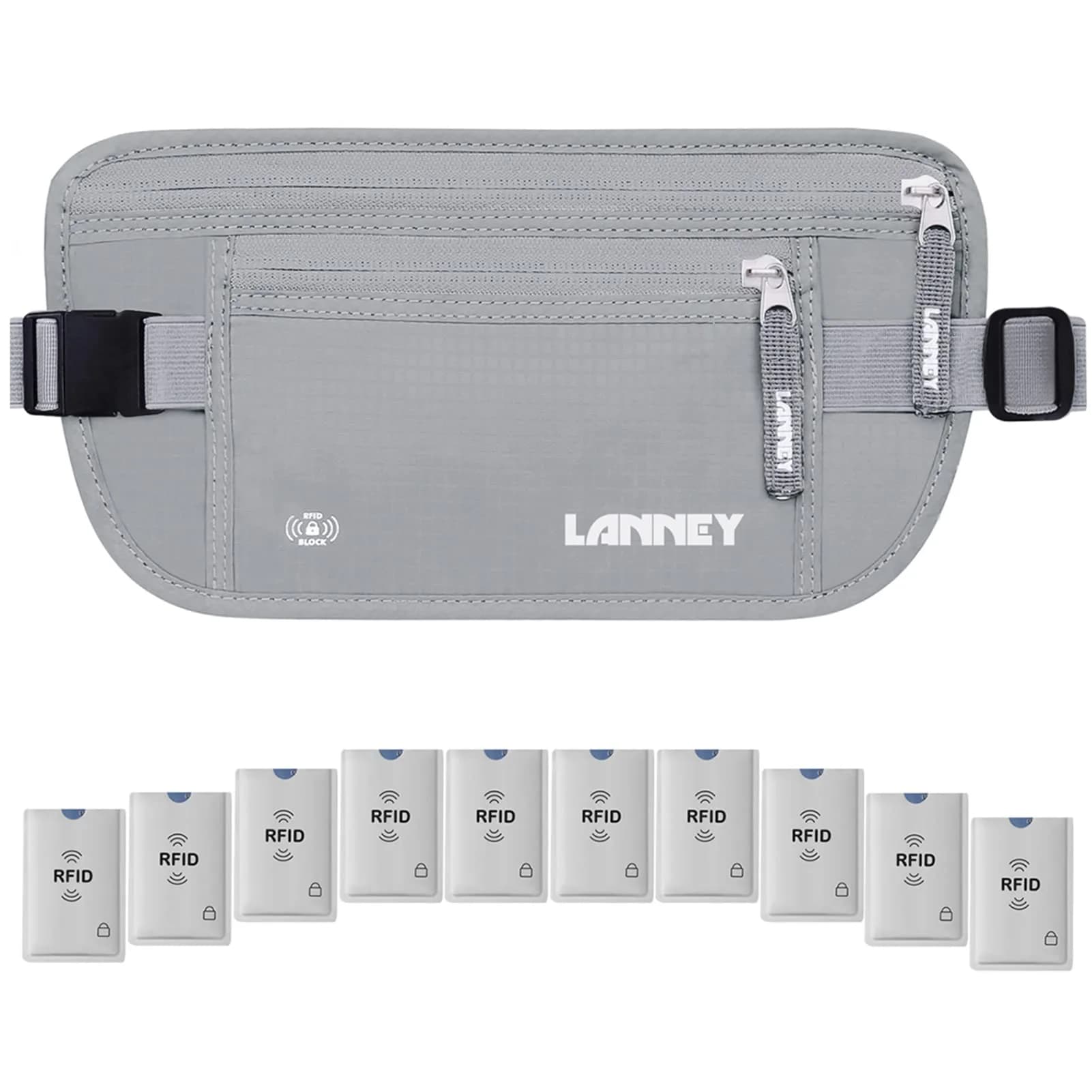 LANNEY RFID Blocking Money Belt with 10 Bonus Card Sleeves | 10.2 inch (25.9 cm) Length, Silver Gray - main product image