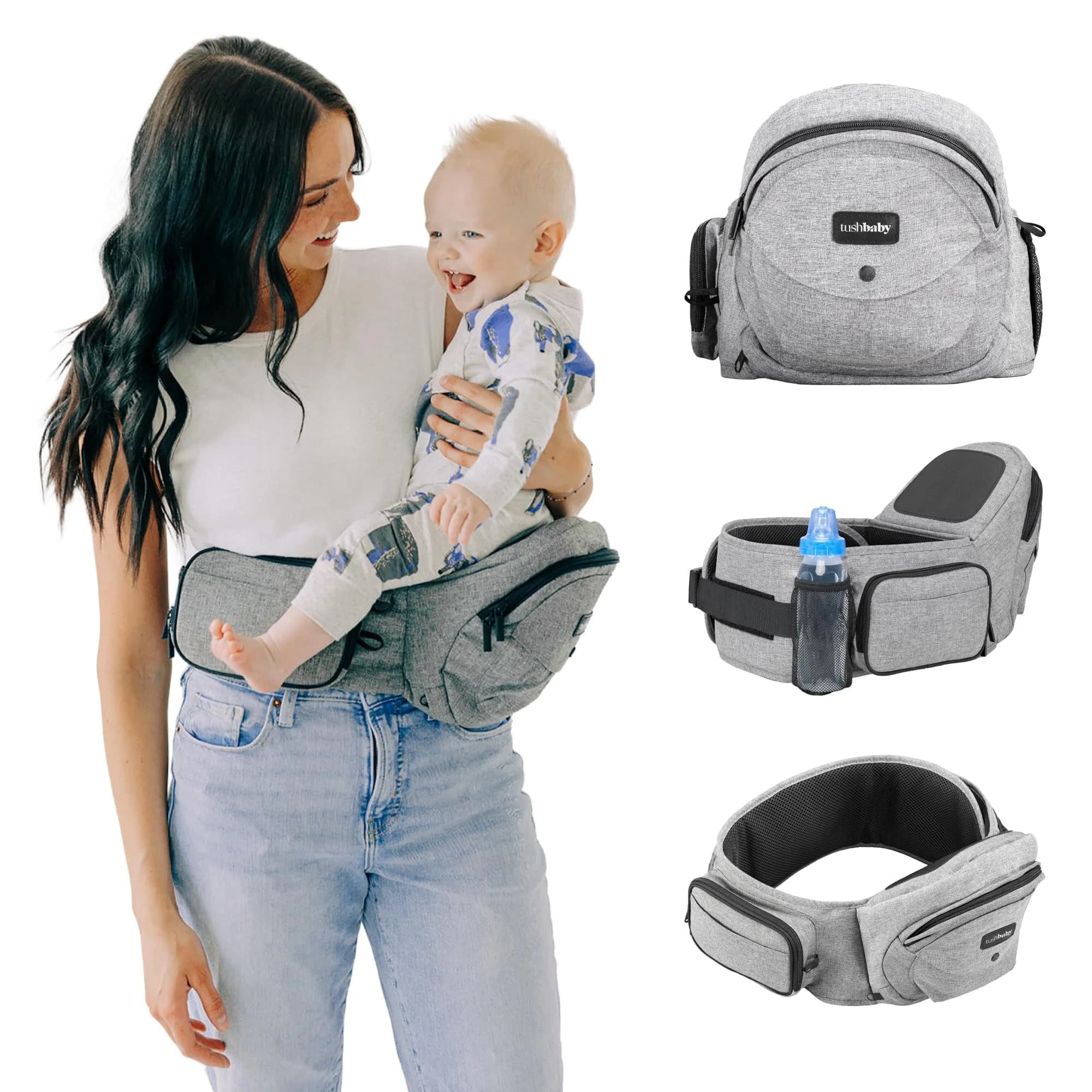 TushBaby Original Hip Seat Baby Carrier Grey | Ergonomic Support for Babies & Toddlers up to 20.4 kg (45 lbs)