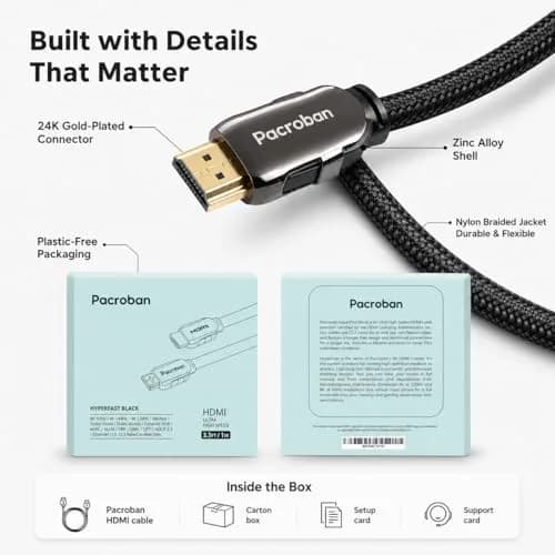 Pacroban 8K Certified HDMI 2.1 Braided Cable 3ft Supports 48Gbps 8K 5K 4K 120Hz HDR Dolby Atmos eARC thumbnail 6