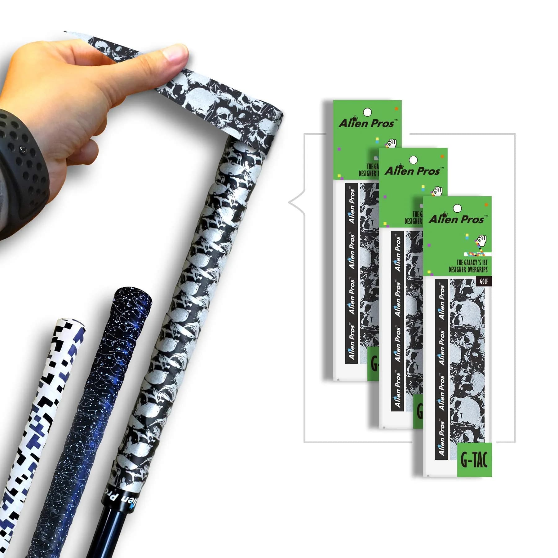ALIEN PROS Skull Black Golf Grip Wrapping Tapes (3-Pack) 2.54 cm (1 inch) Wide | Re-grip in Under 1 Minute - main product image