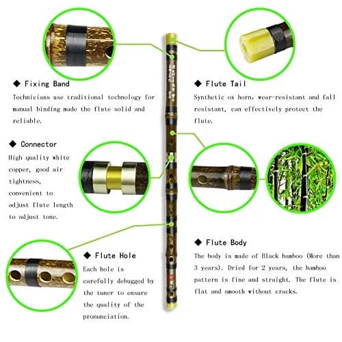 PHYSKOW E Key Dizi Black Bamboo Flute | Traditional Chinese Instrument, 22.5in, Melodious Tone thumbnail 2