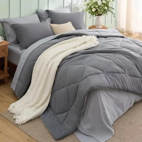 Bedsure Bed in a Bag King Reversible Comforter Set 7 Pieces | All-Season Microfiber Bedding in Grey/Light Grey thumbnail 1