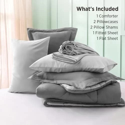 Bedsure Bed in a Bag King Reversible Comforter Set 7 Pieces | All-Season Microfiber Bedding in Grey/Light Grey thumbnail 6