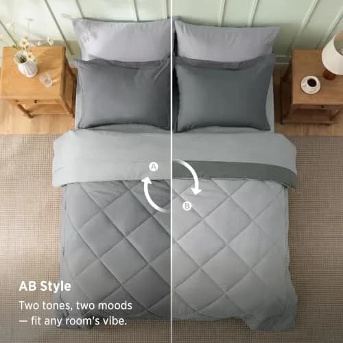 Bedsure Bed in a Bag King Reversible Comforter Set 7 Pieces | All-Season Microfiber Bedding in Grey/Light Grey thumbnail 3