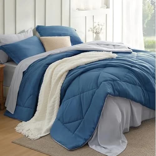 Bedsure Twin Comforter Set Reversible Bed Set 5 Pcs Slate Blue/Light Grey | All-Season Microfiber Bedding thumbnail 1