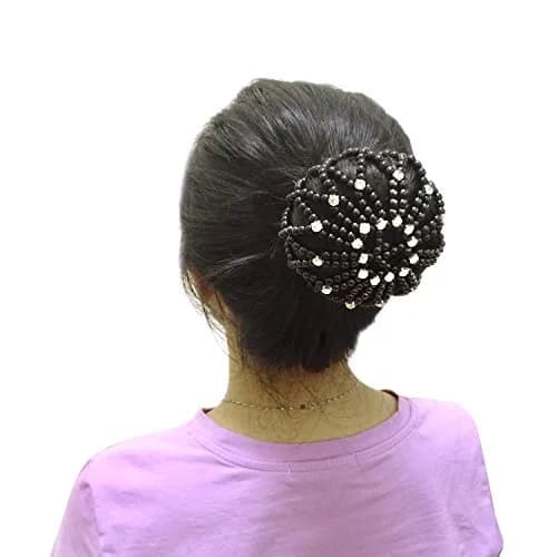 Honbay Hair Bun Cover Elastic Handmade Crochet Hair Net Snood with Pearls and Rhinestones for Ballet, Dance, Skating, etc (Black) | Elegant Hair Bun Accessory thumbnail 1