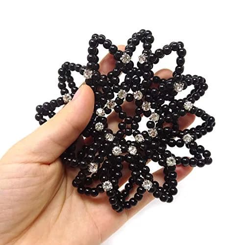 Honbay Hair Bun Cover Elastic Handmade Crochet Hair Net Snood with Pearls and Rhinestones for Ballet, Dance, Skating, etc (Black) | Elegant Hair Bun Accessory thumbnail 5