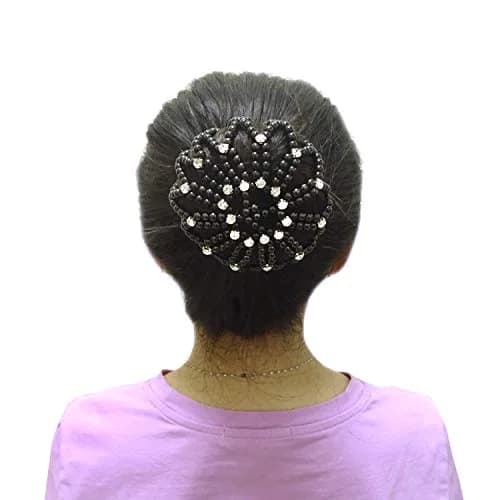 Honbay Hair Bun Cover Elastic Handmade Crochet Hair Net Snood with Pearls and Rhinestones for Ballet, Dance, Skating, etc (Black) | Elegant Hair Bun Accessory thumbnail 2